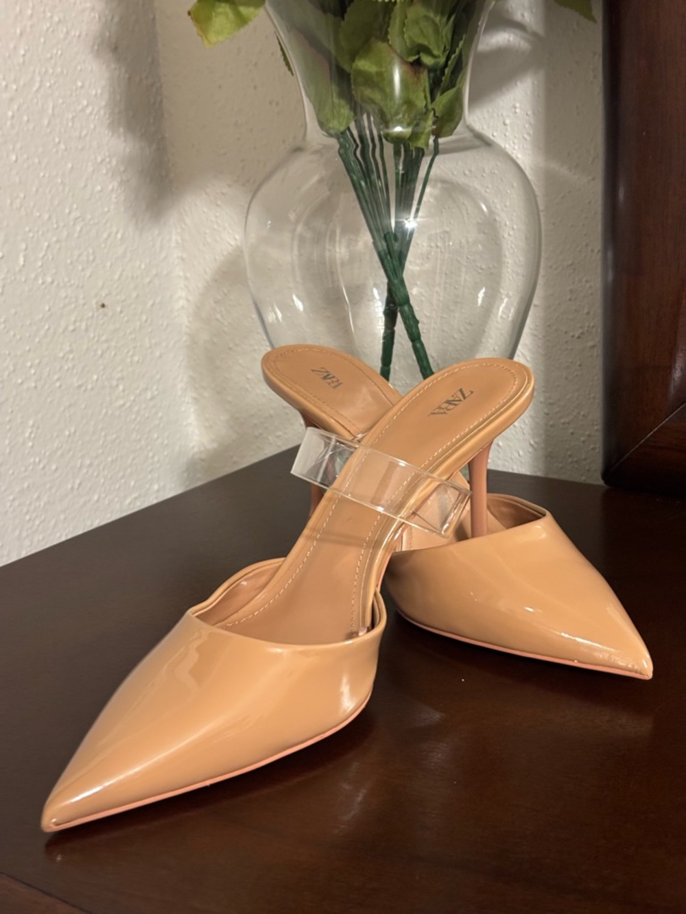 Zara Nude Patent Pointed Mules with Clear Strap